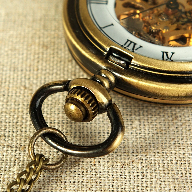 Luxury Steampunk Mechanical Pocket Watch for Men Women Skeleton Case Vintage Bronze Roman Numerals Dial Fob Chain Pendant Clock