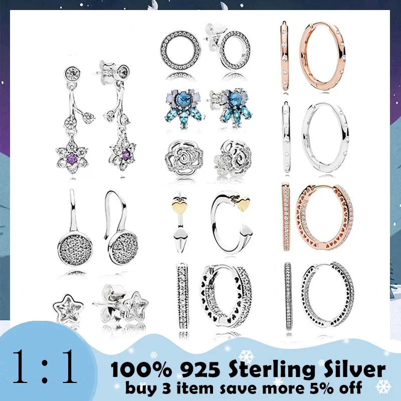 

High Quality 100%925 Sterling Silver Daisy Rose Stud Earrings Water Drops Love Earrings Star Free Delivery