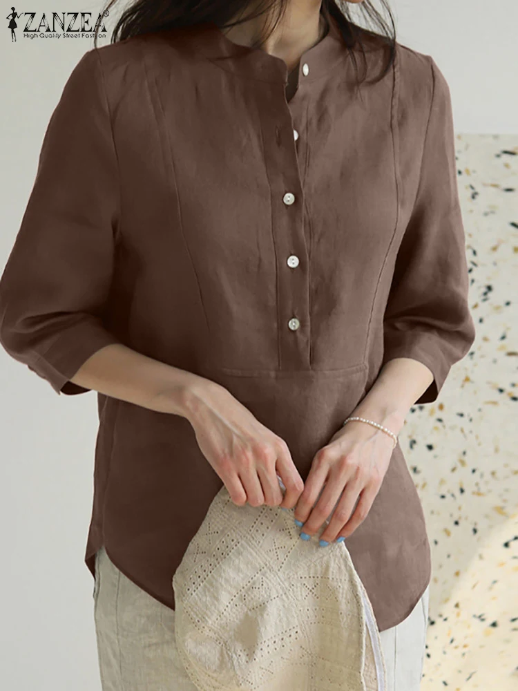 

Блузка ZANZEA женская с рукавом 3/4, х/б, однотонная, на пуговицах