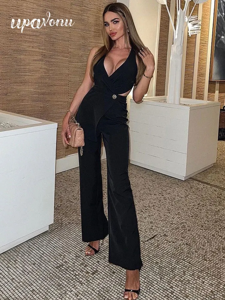 Free Shipping 2022 New Sexy Black Backless Jumpsuit Women's V-Neck Sleeveless High Waist Elegant Jumpsuit Fashion Party Jumpsuit