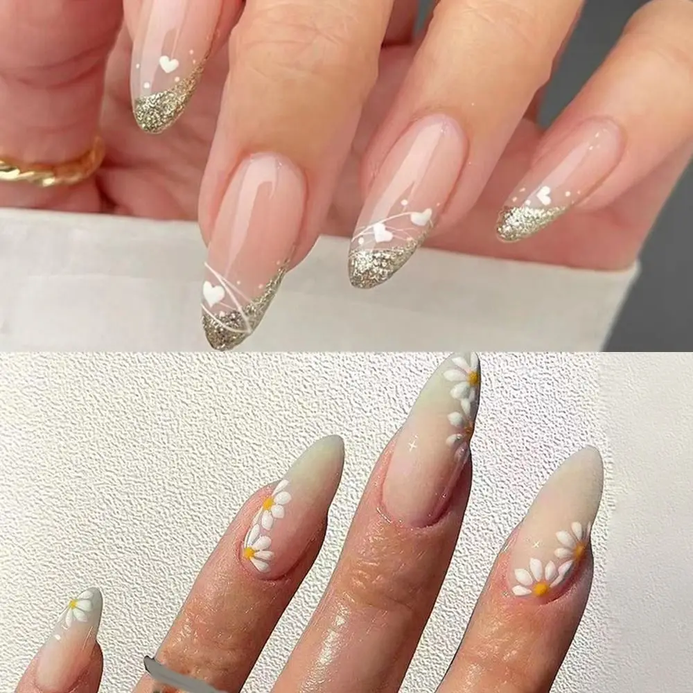 

24pcs Detachable Press On Nails Diy Love Heart Long Almond French Daisy False Nails