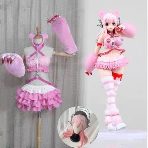 SUPER SONICO GRG Racing Queen Genus Gloomy Bear Cosplay Costume with socks Pink wig and Prop headset