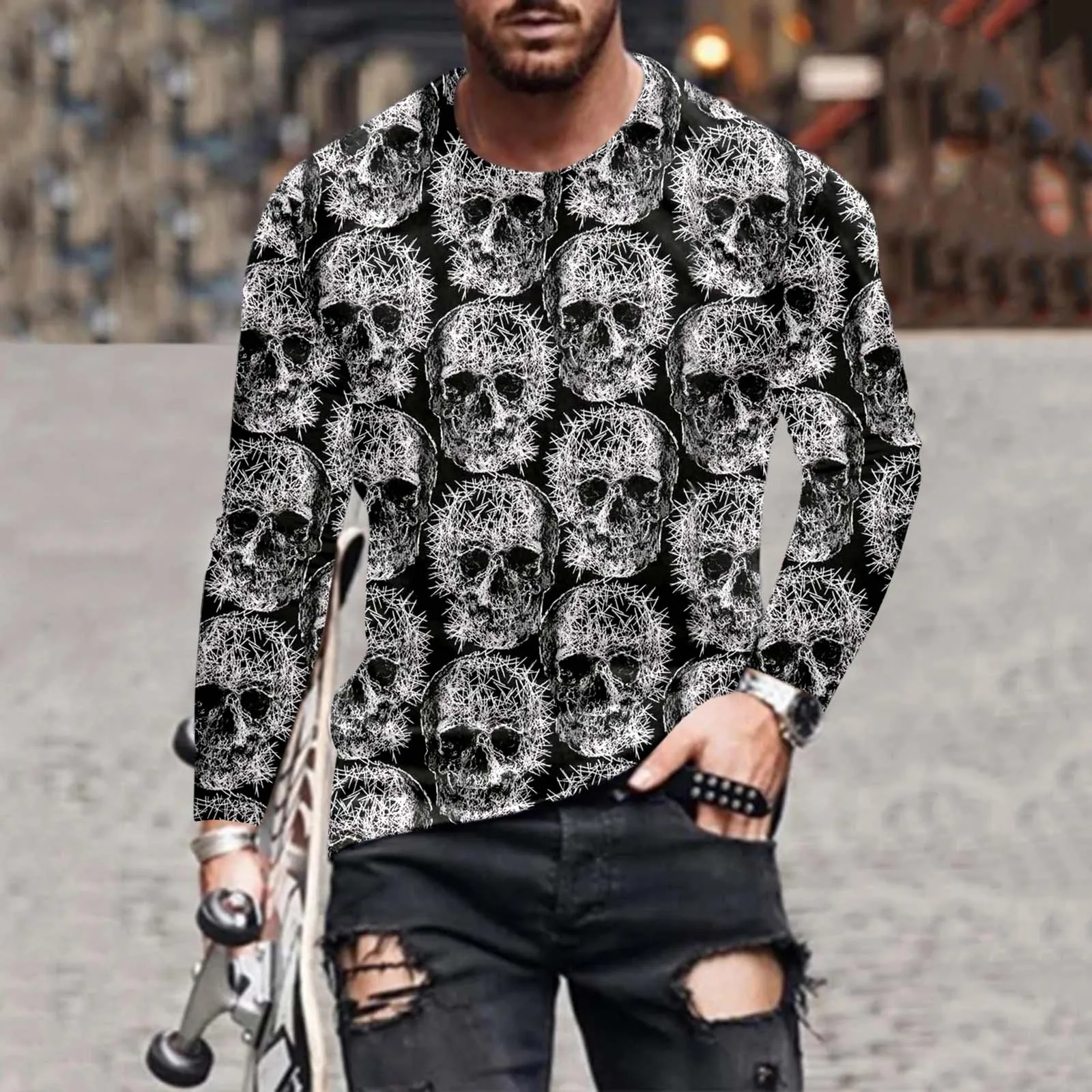 

Мужская футболка, Мужская футболка с принтом костей на Хэллоуин, блузка с длинным рукавом и круглым вырезом, топы, футболка, Длинный топ