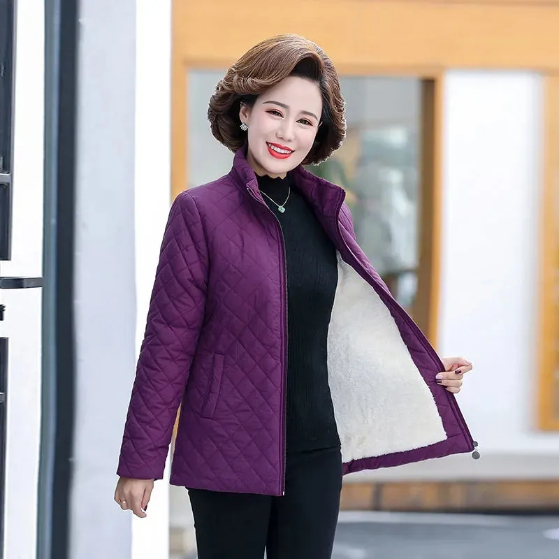 Autumn Winter Jacket Women 2023 New Solid Plus Velvet Cotton Padded Coat Thin Short Jacket Middle-aged Female Tops