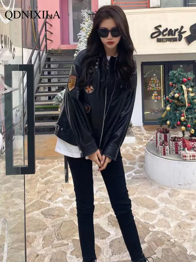 Women's Moto Biker Zipper Jacket Spring 2023 New Outerwear Women's Bomber Jacket Leather Jacket Women Sheepskin Coat for Women