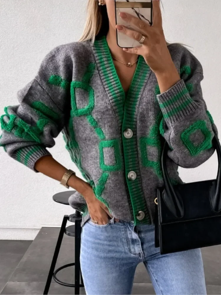 Женский кардиган в зеленую полоску розовый вязаный пуговицы женский свободный