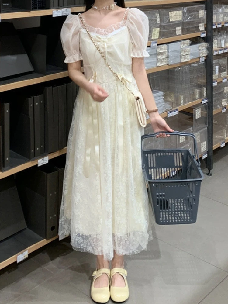 

Женское кружевное платье принцессы, повседневное милое платье миди с французским пышным рукавом, элегантное винтажное платье для выпускно...