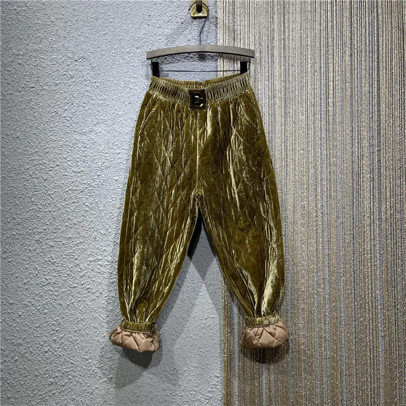Gold Velvet Cotton Padded Pants Women Elastic Waist Pants Loose Straight Casual Mom Pants Pantalones De Mujer