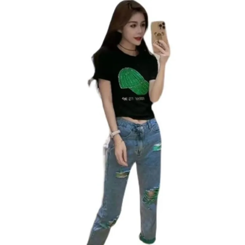 Женский модный комплект футболка с бриллиантами и джинсы разрезом высокой