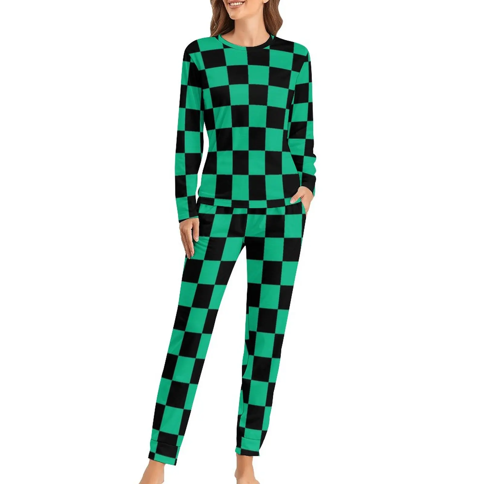 

Green And Black Checkerboard Pajamas Retro Square Kawaii Pajama Sets Lady Long Sleeves Casual Sleepwear Big Size 4XL 5XL