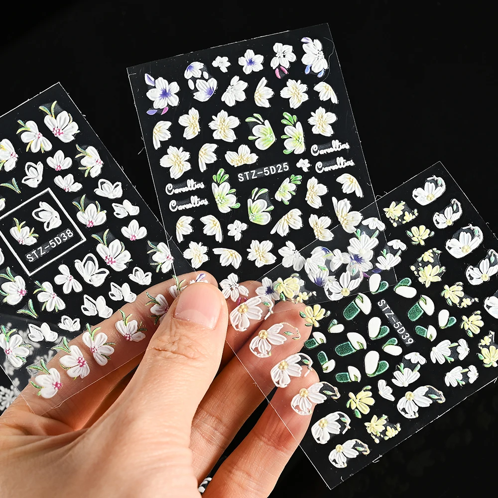 

5D Embossed Acrylic Flowers Nail Sticker Flower Snowflake Textured Engraved Nail Decor Lace Floral Elegant Wedding Design Slider