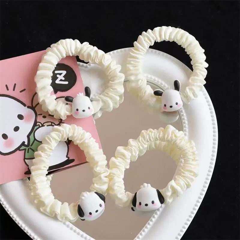 

2Pcs/Set Kawaii Sanrioed Accessories Pochacco Cartoon Cute Plush Doll Girl Heart Hair Ring Simple Hair Rope Gifts for Girls
