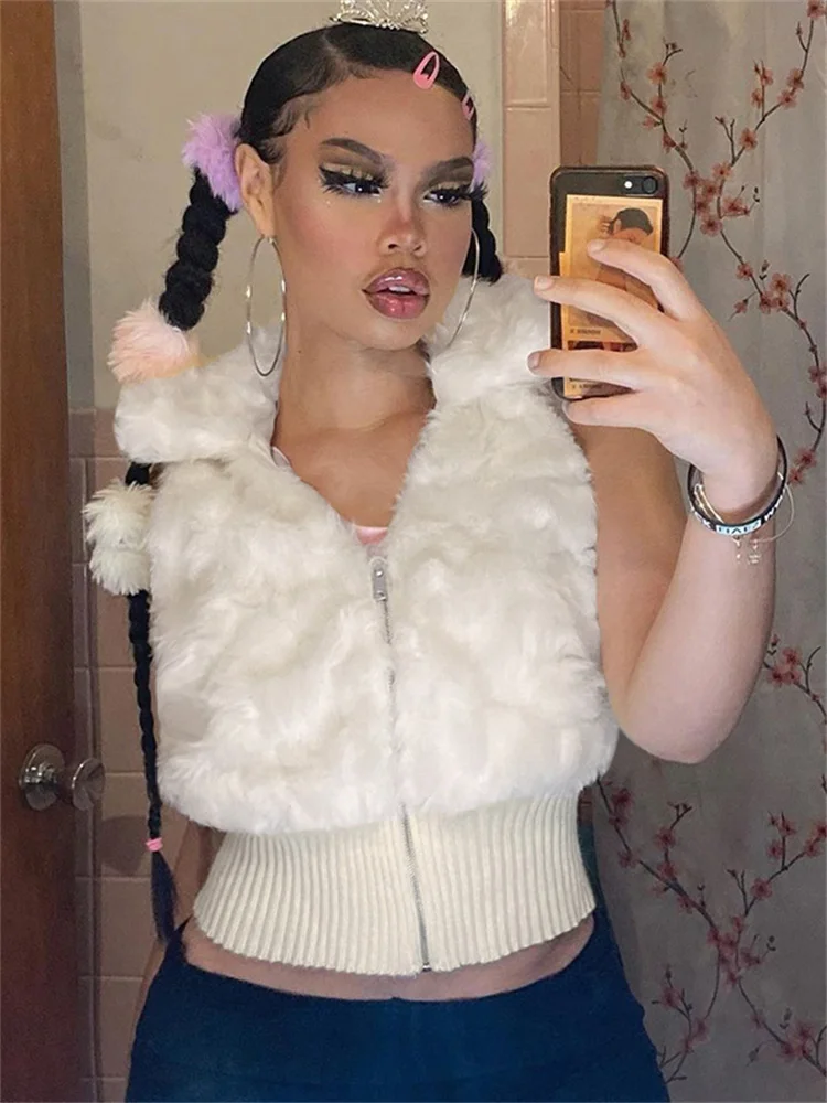 Уличная одежда Harajuku меховые куртки без рукавов на молнии шикарный Милый