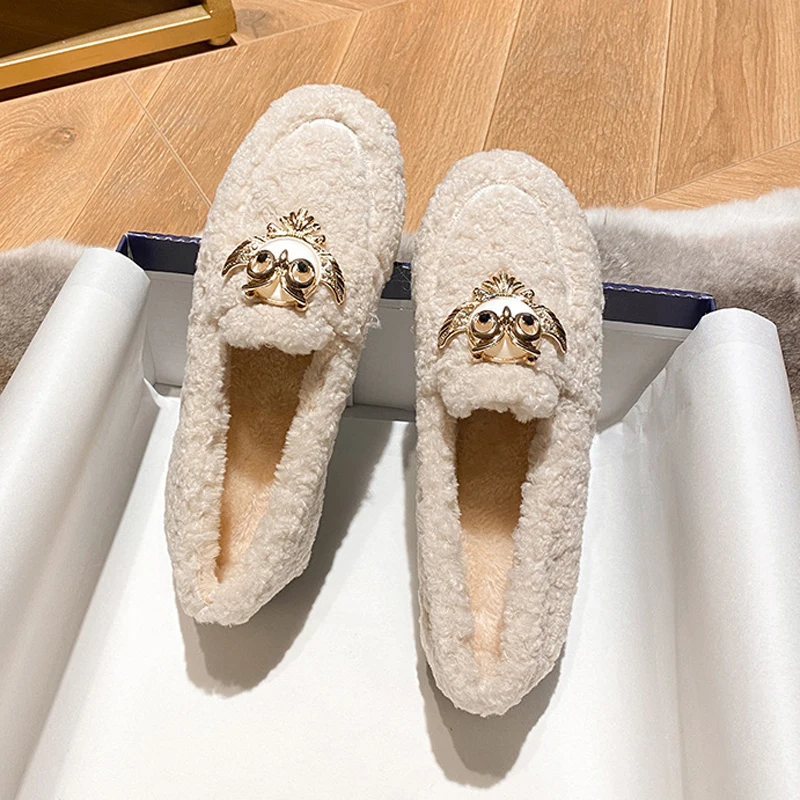 Ladies Winter Plush Cotton Flats Wool Fur Loafers Women Warm Charms Owl Stones Lolita Moccasins Curly Lambswool Shoes