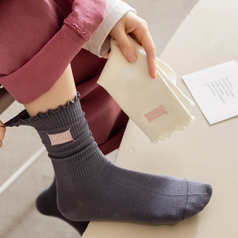 White Socks Women Kawaii Cute Frilly Ruffle Socks Cotton Japanese Fashion Purple Woman Crew Socks Female calcetines de la mujer