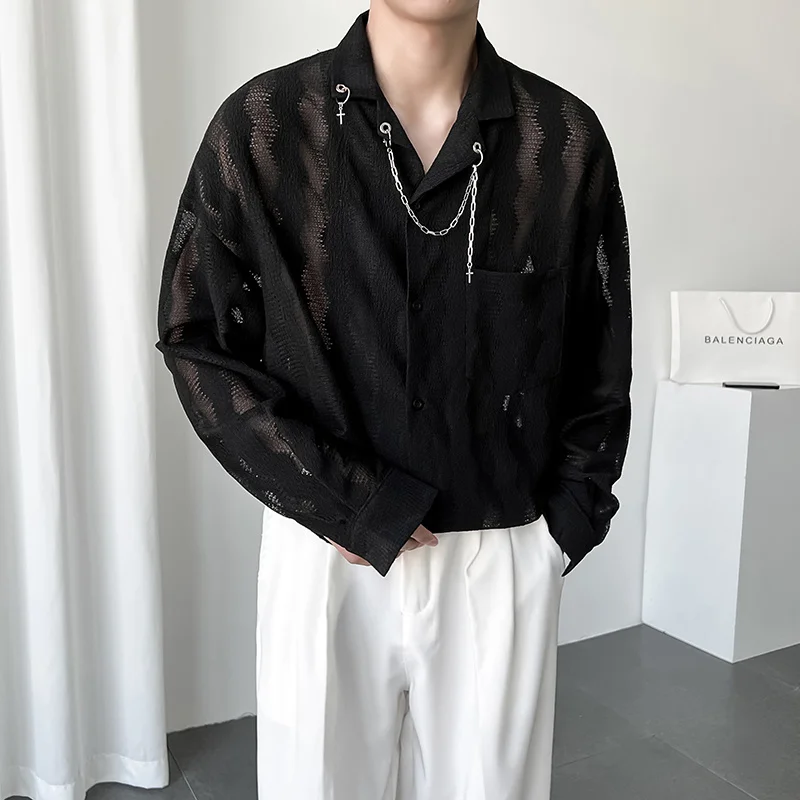 

Lace Hollow Out See Through No Chains Long Sleeve Shirt Men Oversized Cool Party Blouses Summer 2023 Fashion Streetwear Cardigan