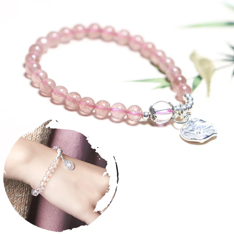 

White crystal strawberry crystal s925 silver bracelet female friend sisters hand string pink crystal retro creative gift