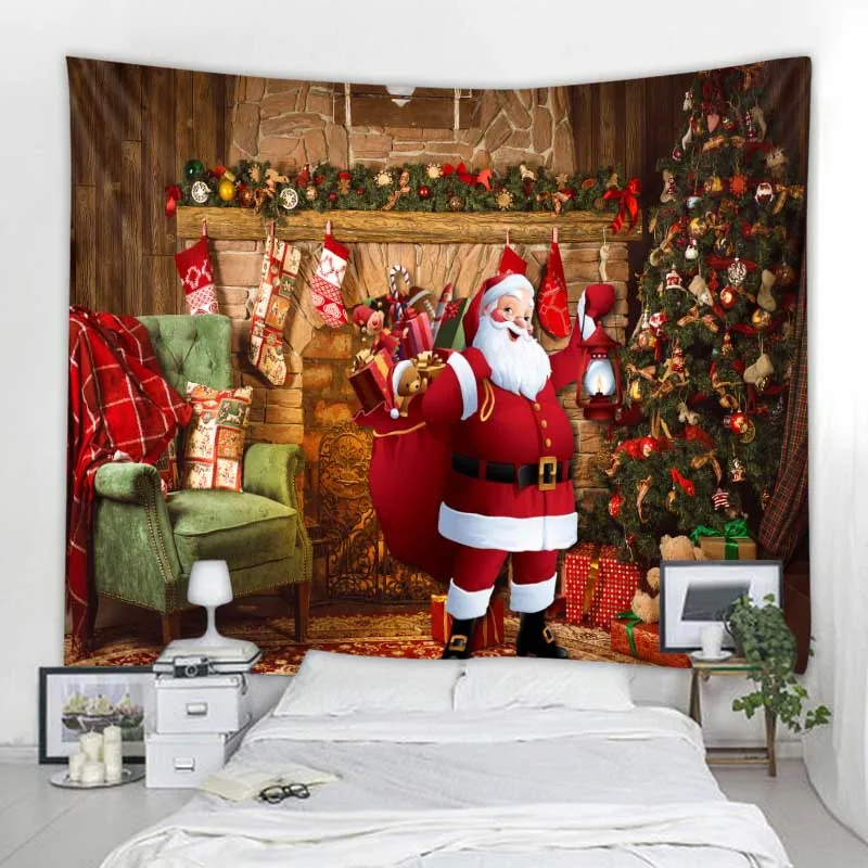 

FBH New Year Abstract Tapestry Wall Hanging Santa Claus Christmas Tree Snow Scene Home Holiday Decoration Fireplace Gifts