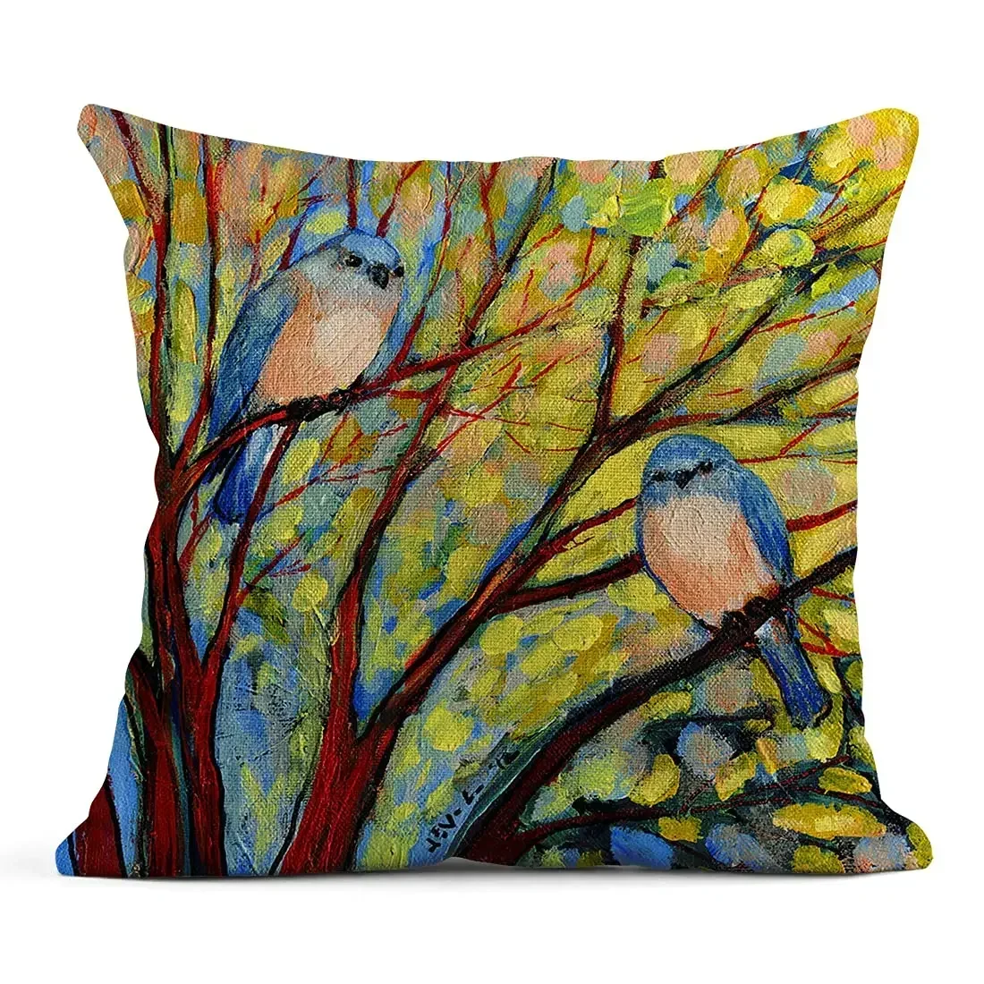 Льняная наволочка с рисунком птиц и деревьев 40*40 декоративный чехол для дивана в