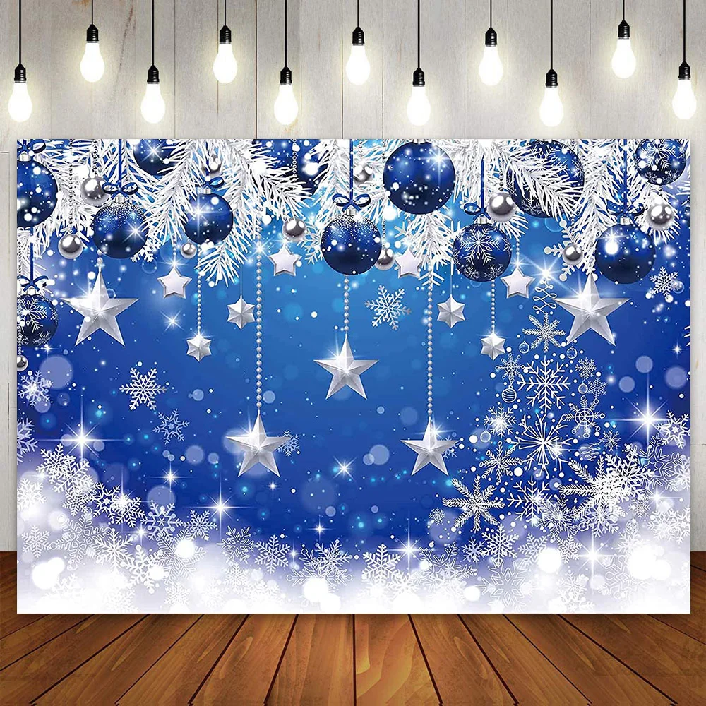 Blue Merry Christmas Backdrop Xmas New Year Eve Background Birthday Party Baby Shower Photography Glitter Bokeh Stars Snowflake