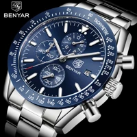 benyar men fashion quartz watch chronograph wristwatch luminous waterproof calendar stainless steel silicone strap hardlex