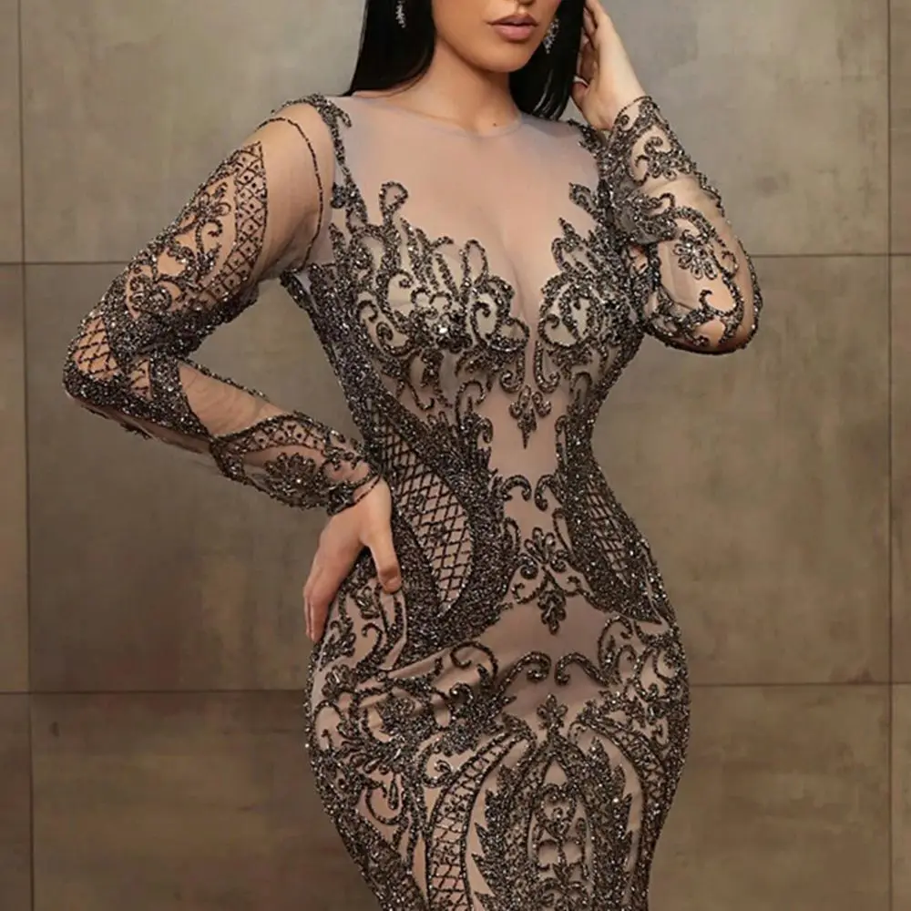 

Sexy Illusion Mermaid Prom Dresses Plus Size Beading Long Sleeve Evening Gowns Lace Sequined Luxury Vestidos
