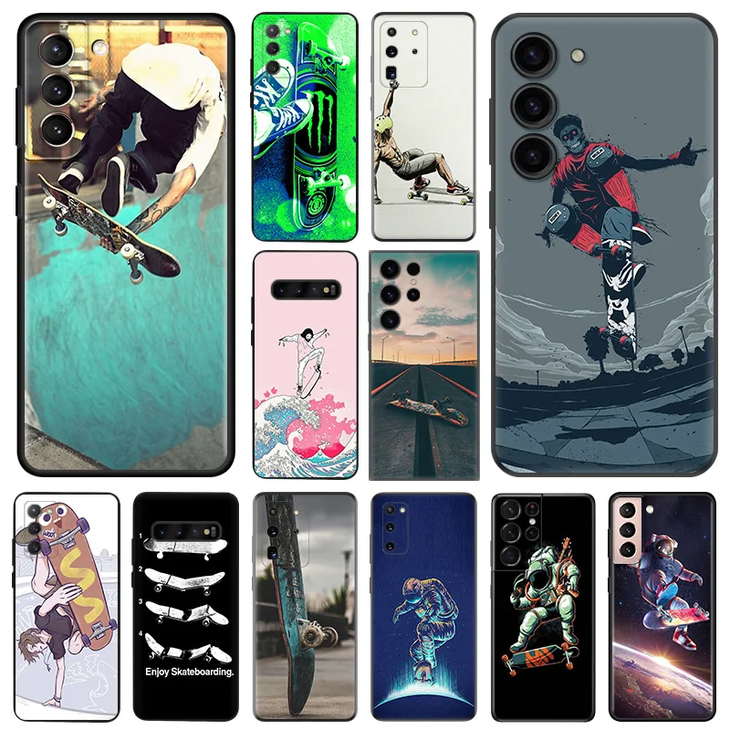 Phone Case For Samsung Galaxy S23 S22 5G S21 S20 FE S10 Plus Note 20 Ultra 10 9 Skateboard Astronaut Black Soft Anti-Drop Cover