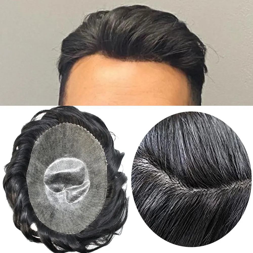 Mens Toupee Human Hair Replacement System Capillary Prosthesis Thin Skin Full Poly 0.1-0.12mm Injection Durable Male Wig Unit