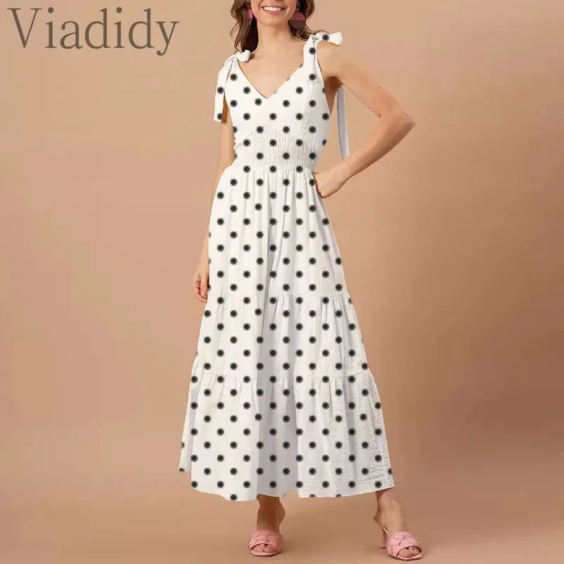 

Женское повседневное летнее платье макси без рукавов с V-образным вырезом и принтом на шнуровке