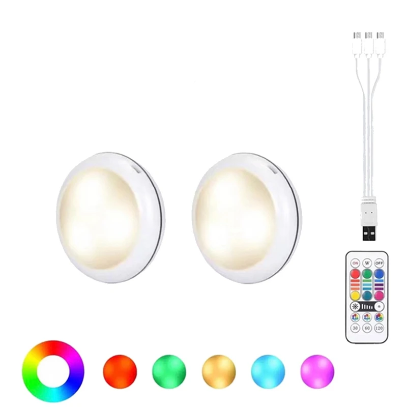 

USB Rechargeable RGB LED Cabinet Light Puck Lamp 16 Colors Remote Under Shelf Kitchen Counter Lighting