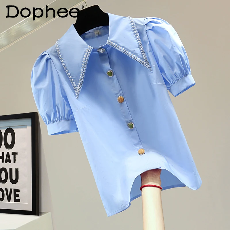 

Chic Beaded Puff Sleeve Shirt 2022 Summer Korean Loose Slimming Color Buckle White Office Lady Blouse Casual Short Sleeve Blusas