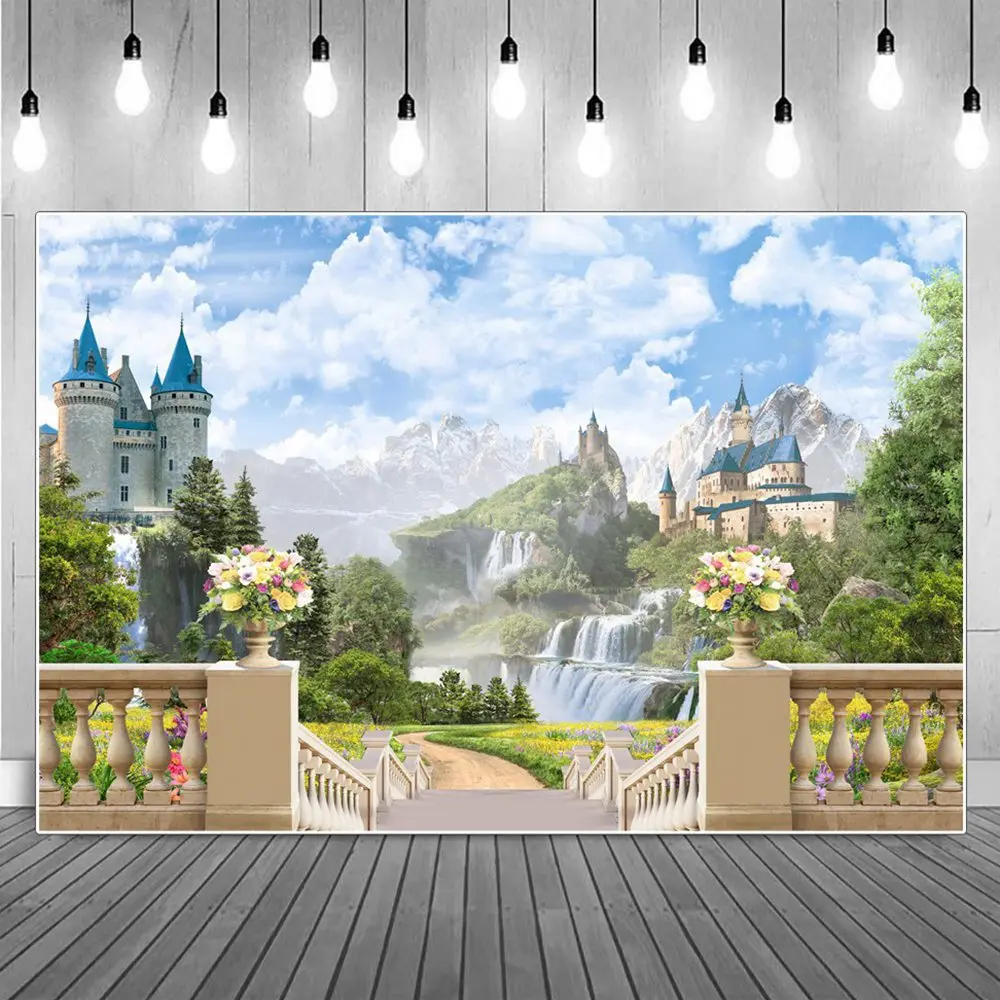 

Marble Stairway Castles On Mountains Decoration Photography Backdrop Snow Hill Waterfall Flowers Forest Towers Photo Backgrounds