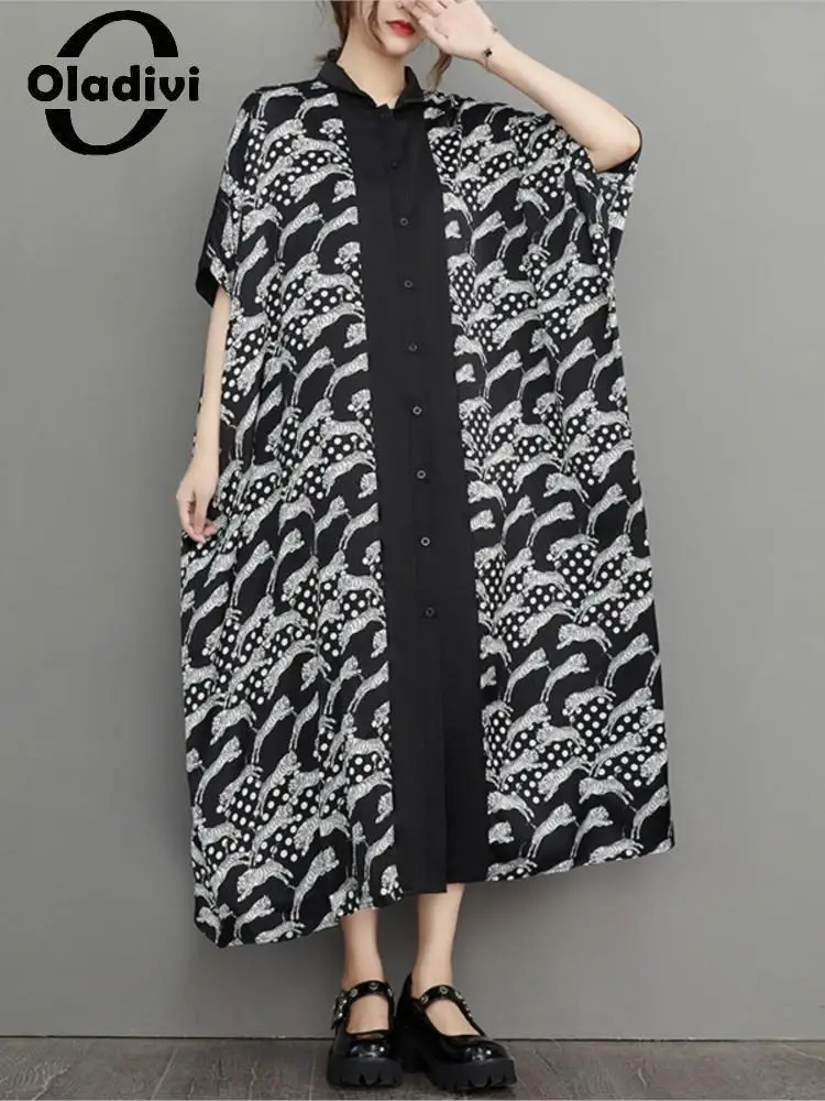 

Oladivi Large Size Women Fashion Print Short Sleeve Casual Loose Dress Vintage Ladies Oversized Dresses Large Size Clothing 828