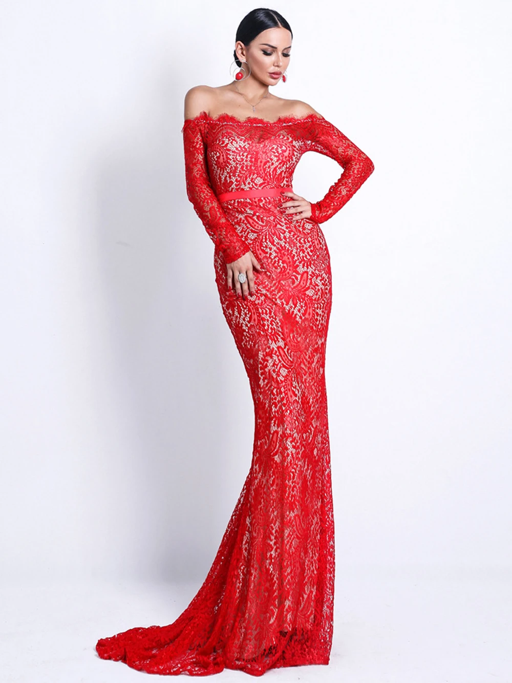 Long Sleeve White Lace Floral Prom Dresses Off Shoulder Backless Sexy Illusion Long Party Night Dress Elegant Maxi Evening Dress