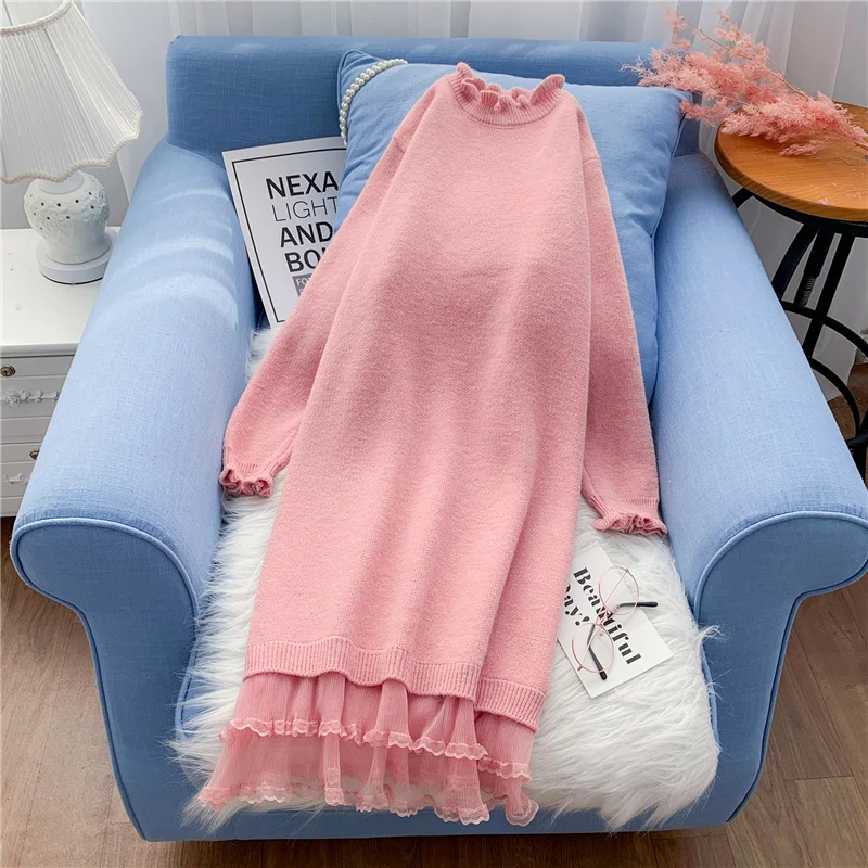 Mesh Patchwork Ruffles Solid Knitted Women Dresses Long-sleeved Knee-length Lady Elegant Pulls Outwear Tops