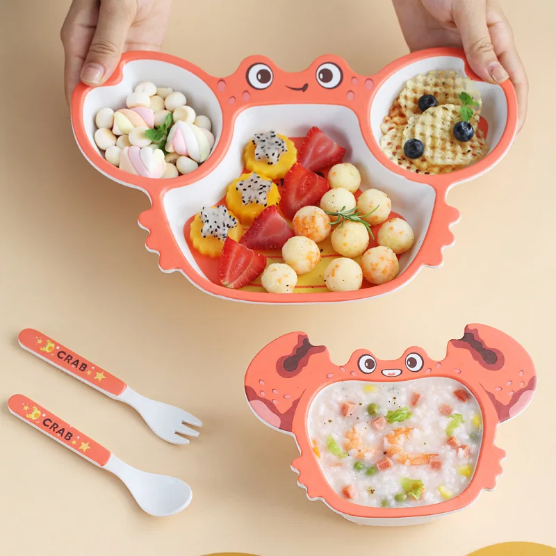 Enlarge Baby Food Tableware Set BPA Free Bamboo Fiber Children Feeding Plate Kit