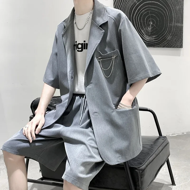 

Summer Casual Men's Loose Office Cool Boys Soft Pullover T-Shirt Solid Suit Jacket Shorts Sleeve Pants Top Set