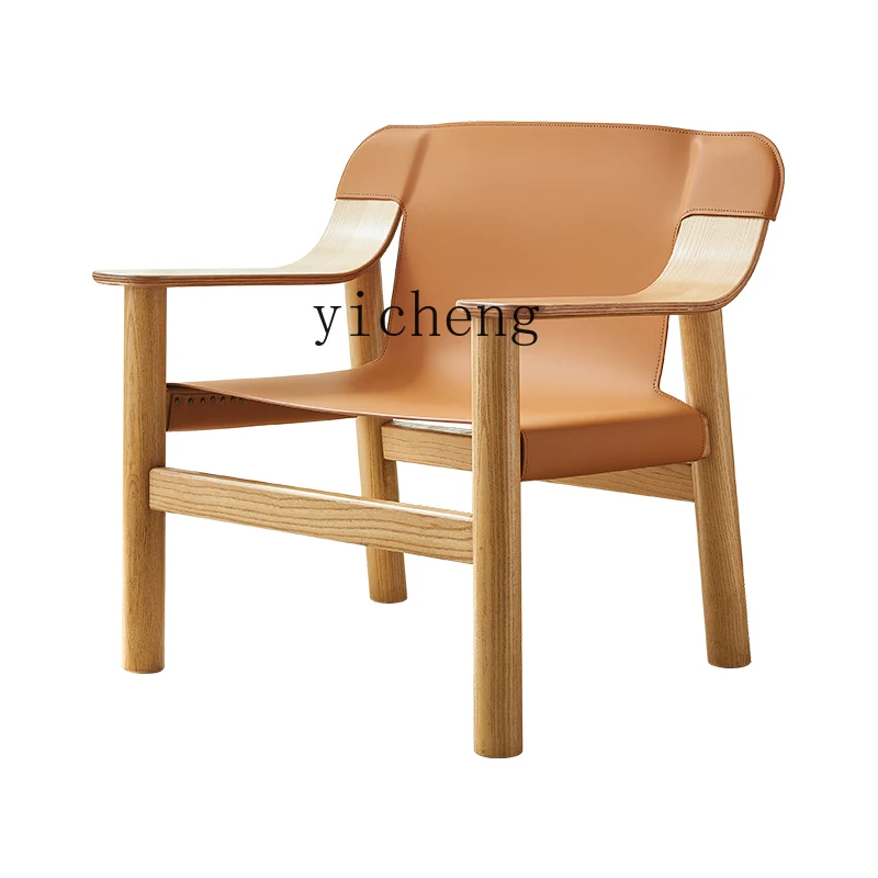 

XL Nordic Solid Wood Single-Seat Sofa Chair Designer Creative Saddle Leather Leisure Recliner
