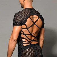 men outfit set mesh backless tight tops and shorts two piece set sexy nightclub perspective short sets ropa para hombre