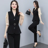 summer new high end celebrity short sleeve suit collar top professional 2 piece sets women plus size black clothing