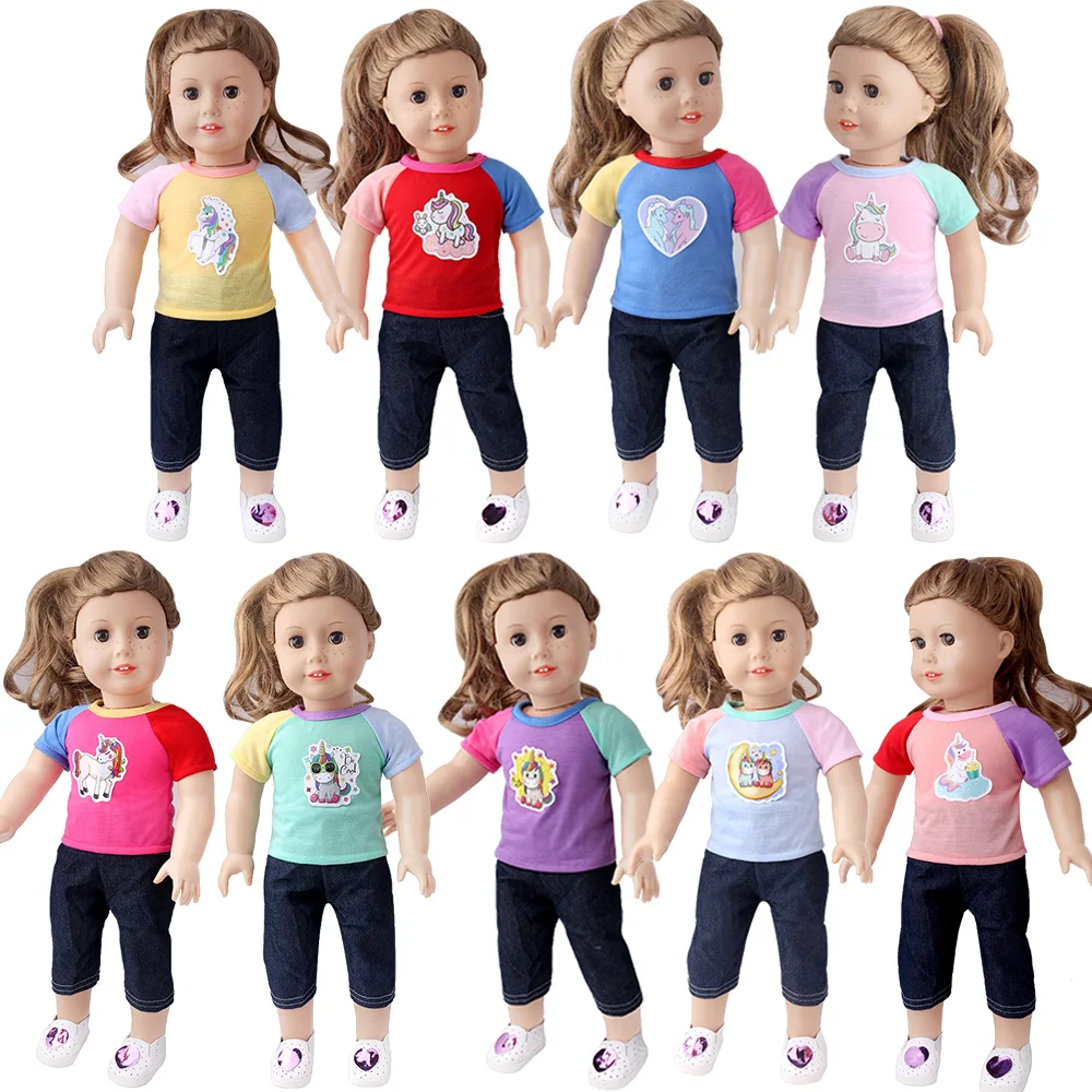 

2 шт./комплект = рубашка + штаны, Одежда для кукол, наклейки с короткими рукавами в виде единорога из чистого хлопка, подходят для кукол реборн 16-18 дюймов и 43 см, игрушки для девочек