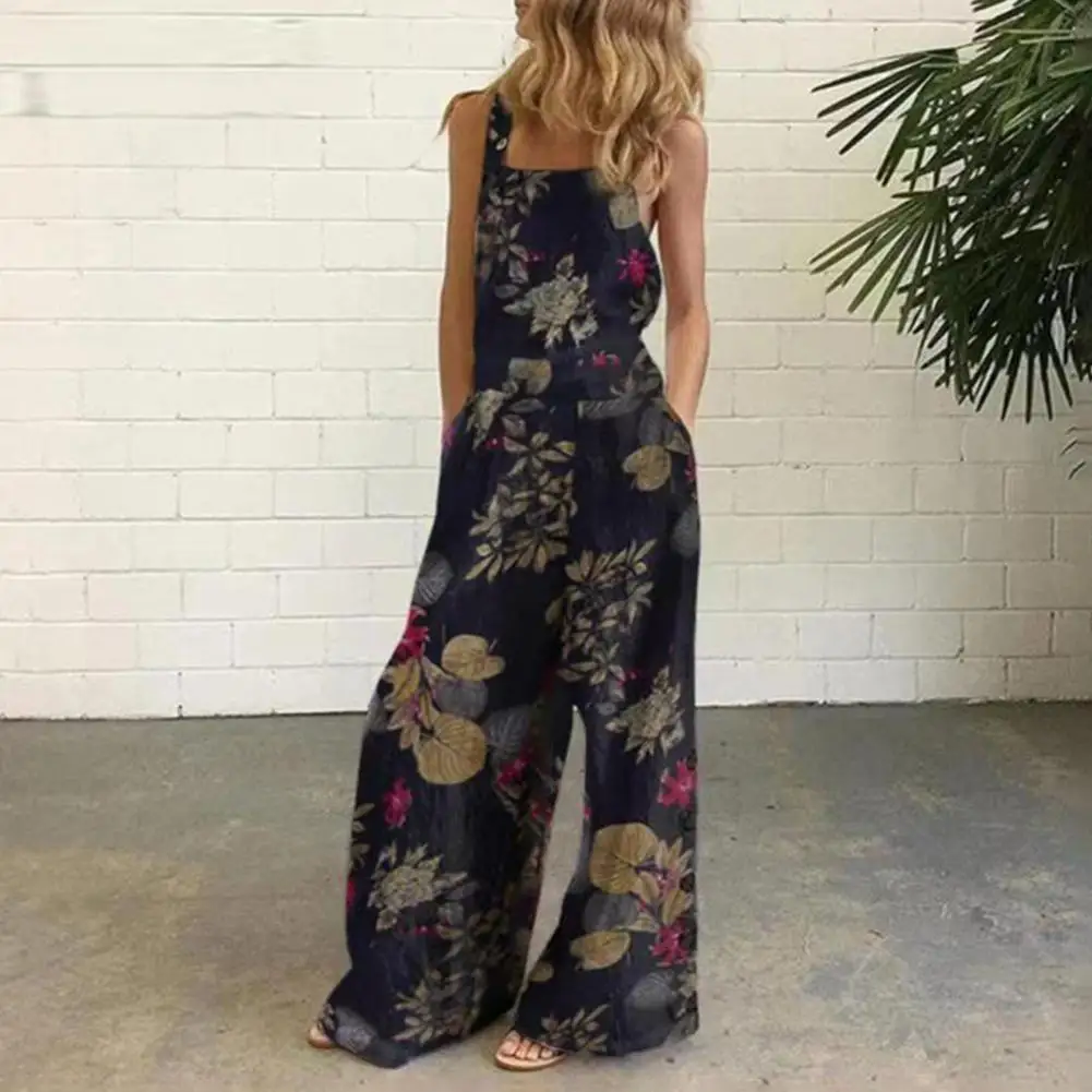 

2022 Hot Women Jumpsuit Sleeveless Floral Print Pockets Buttons Wide Leg Loose Suspenders Playsuit Overall for Spring/Summer