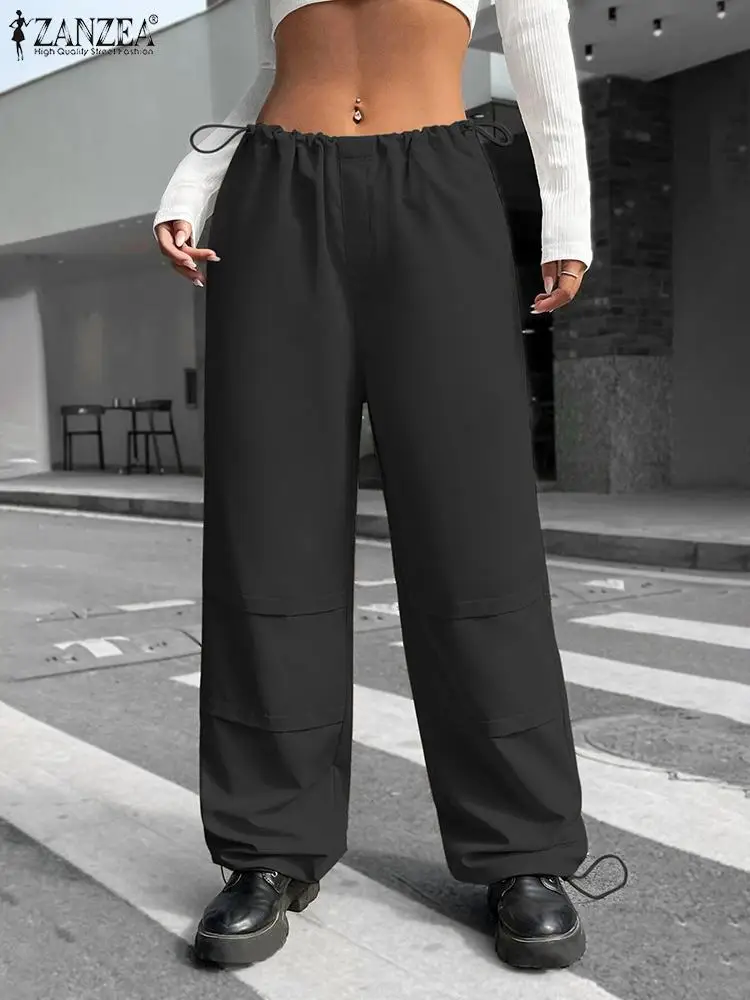 

ZANZEA Summer 2023 Women Fashion Pants Drawstring Cargo Pant Stylish Streetwear Wide Leg Trousers Oversized All-match Pantalon