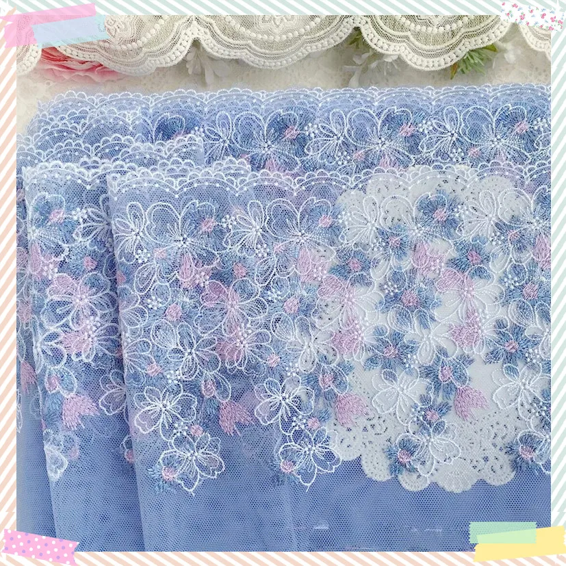 

1 Yard 19cm wide Blue Soft Mesh Embroidery Lace Trimmings Dress Accessories Lace Fabric Sewing Crafts Doll Material