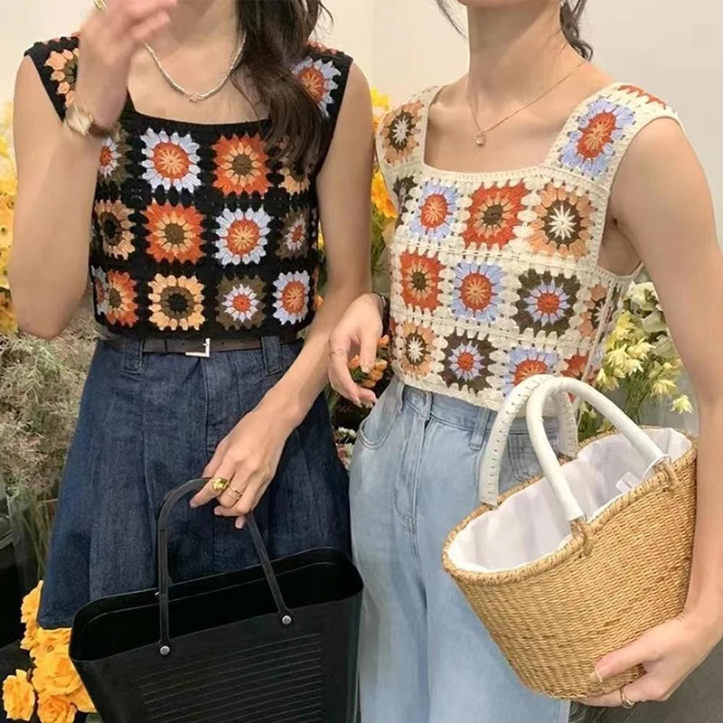 Красочная вязаная майка с крючком и вышивкой в виде скелета женская короткая