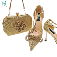 2022 newest party shoes ladies shoes and bag setfull diamond butterfly design in gold color