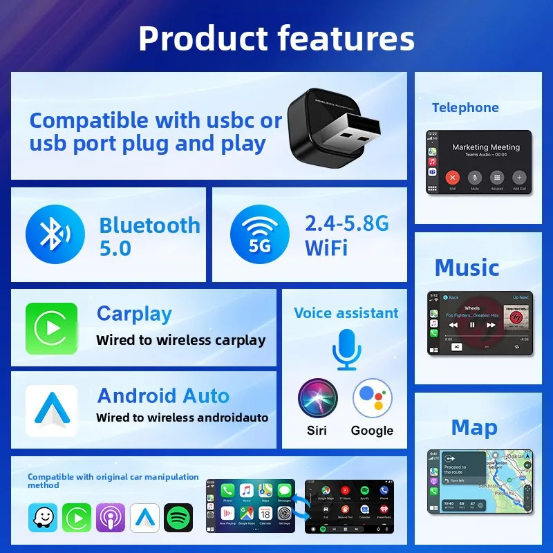 Фото 2026Новый проводной к беспроводному Carplay Box 2в1 Carplay & Android Auto MIni адаптер Plug & Plug для Mazda Audi Mazda Toyota VW MG kia №2