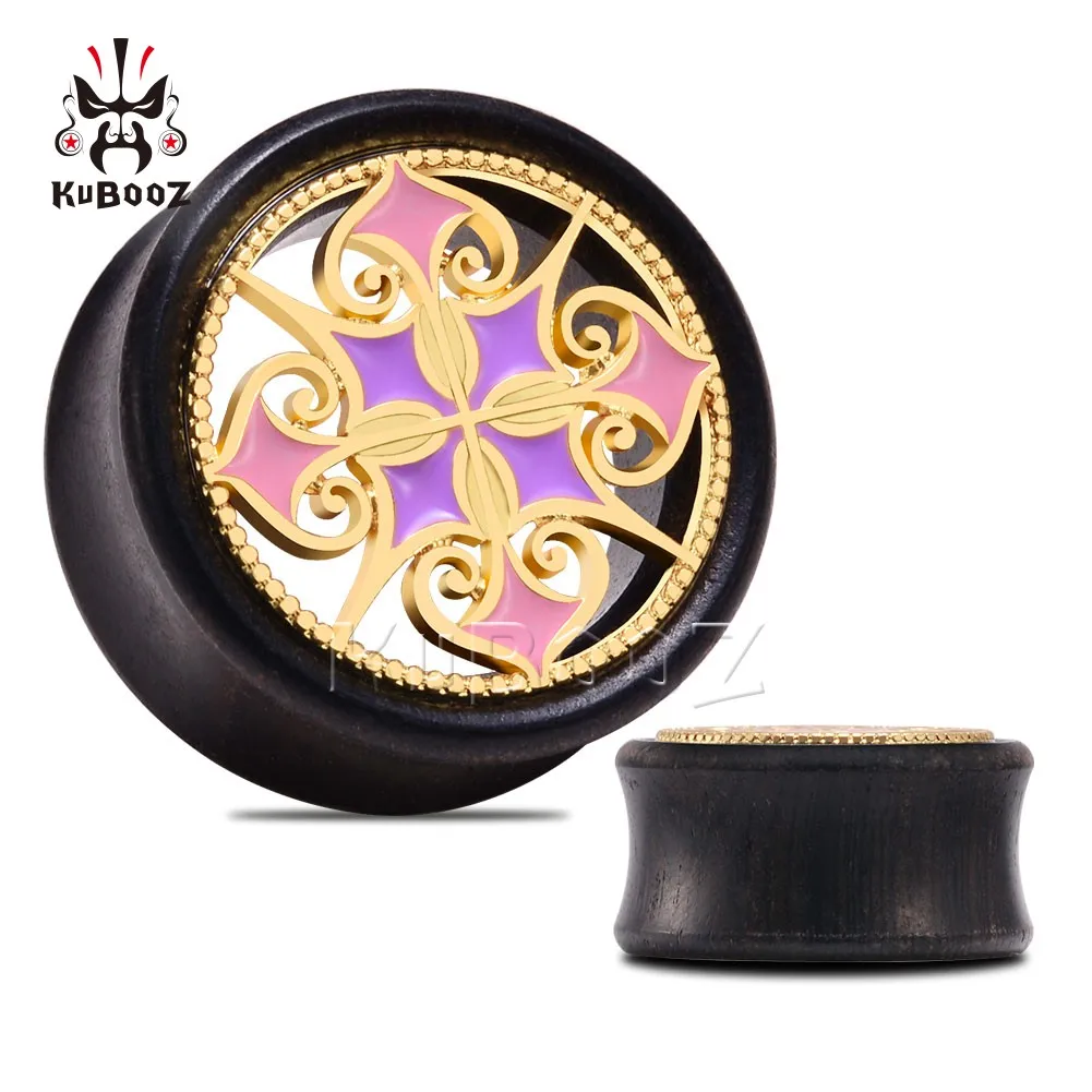 

KUBOOZ Stylish Wood Inlaid Gold Pink Pattern Ear Plugs Tunnels Piercing Gauges Body Jewelry Earring Stretcher Expanders 2PCS