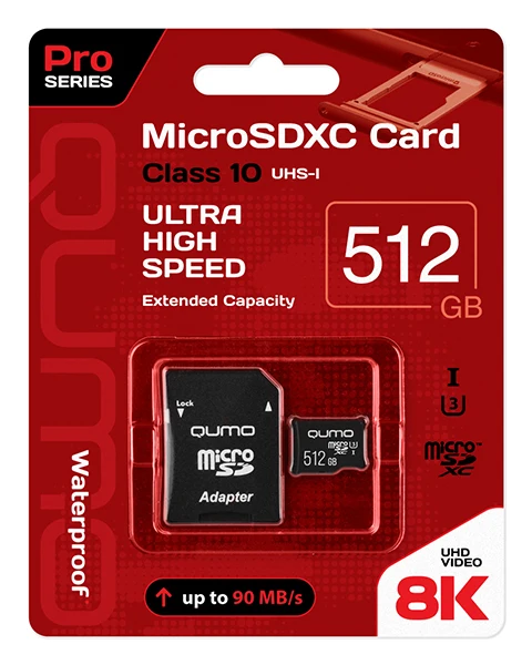 Карта памяти QUMO MicroSDXC 512 GB 90/80 МБ/с UHS-I U3 Pro seria 3.0 с адаптером SD красная картонная |