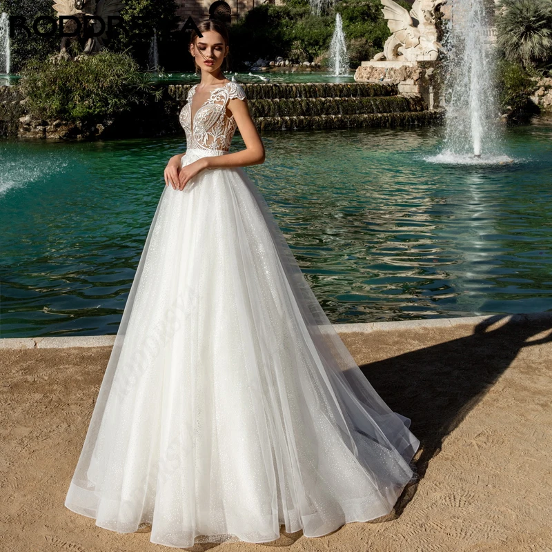

RODDRSYA Princess Wedding Dress For Women Vestido De Noiva Romantic V-Neck Cap Sleeve Bridal Party Illusion Button Back 웨딩드레스